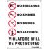 No Firearms No Knives No Drugs No Alcohol Violators Will Be Prosecuted Signs
