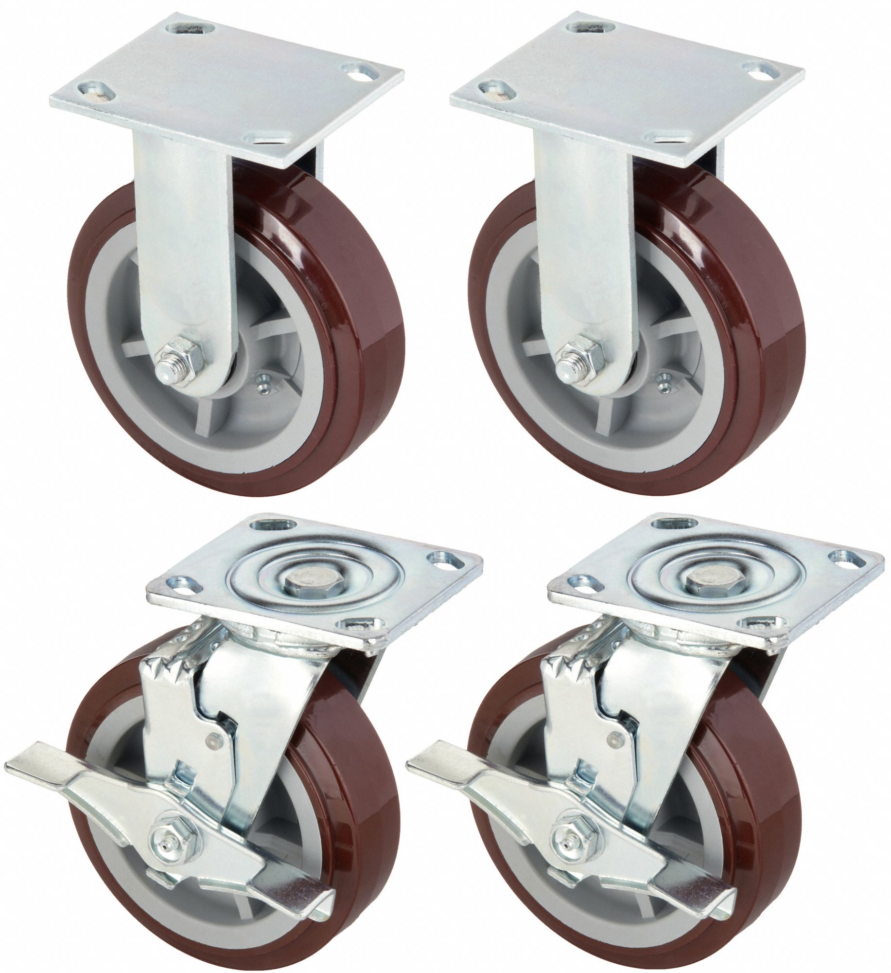 Plate Caster: Rigid/Swivel, Side Brake, Polyurethane, 6 in Wheel Dia, 2 in Wheel Wd, Hole