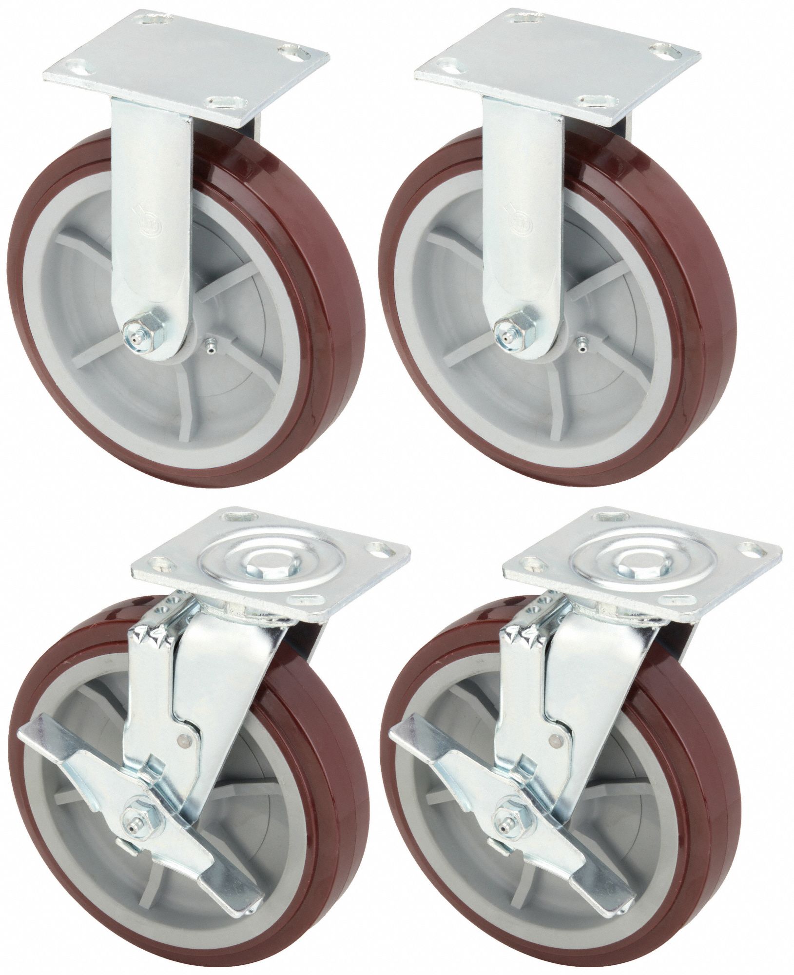Plate Caster: Rigid/Swivel, Side Brake, Polyurethane, 8 in Wheel Dia, 2 in Wheel Wd, Hole