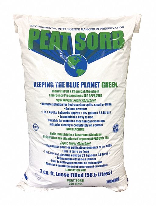 Loose Sorbent: Peat, 13 gal Volume Absorbed per Pkg., 13 lb Wt, Bag, Silica Free, Non-Abrasive