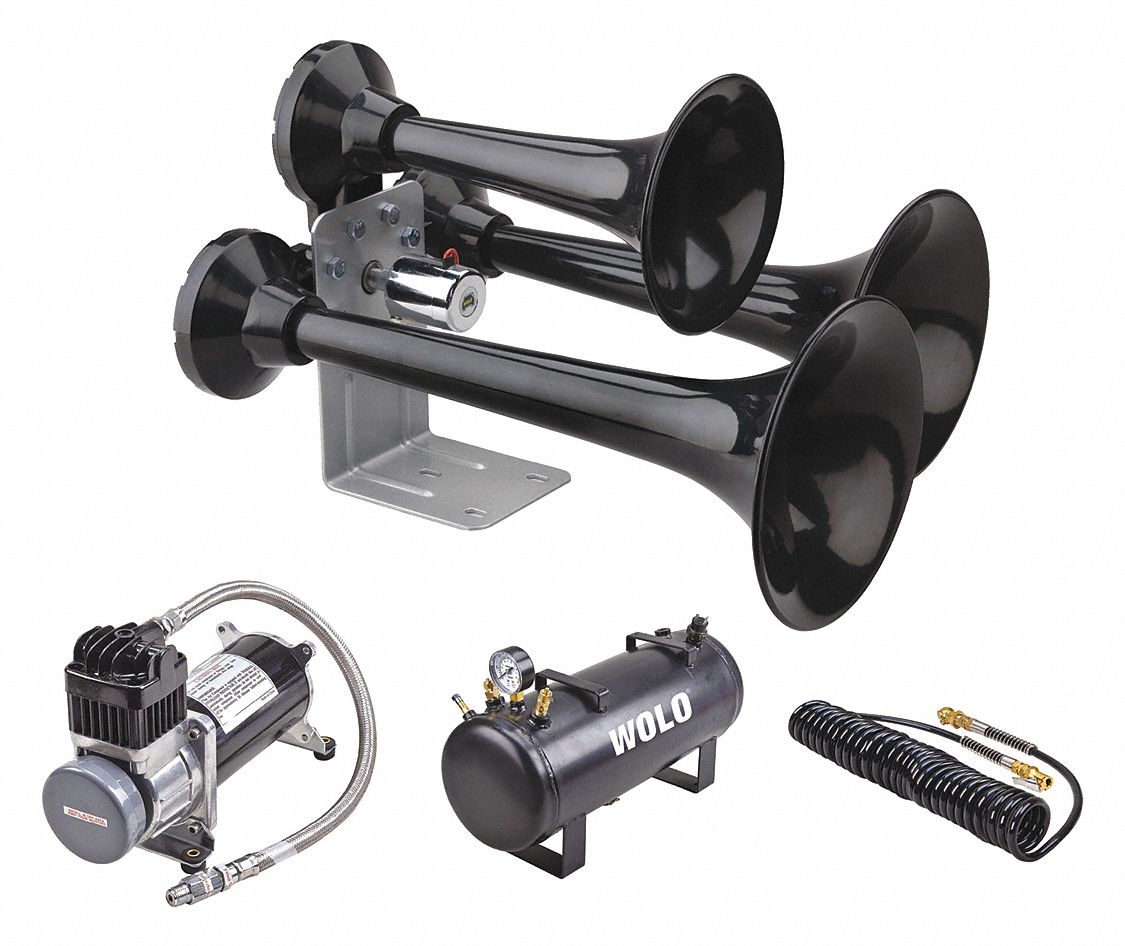 Horn Kit: 12V DC, Electric, Black, Painted, 152 dB Sound Level - Max, 16 1/2 in Lg (In.)