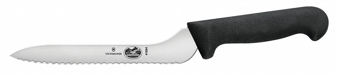 Bread Knife: 7 1/2 in Lg, Offset Blade, High Carbon Stainless Steel, Black