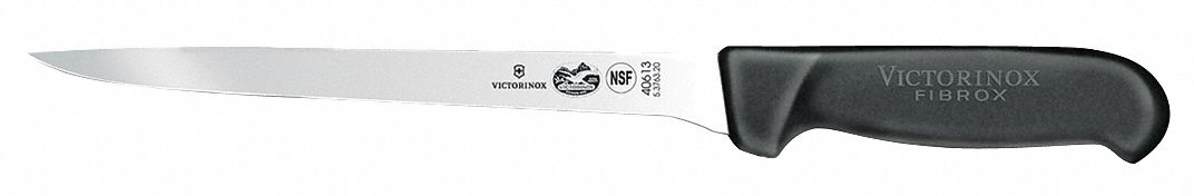 Fillet Knife: 8 in Lg, Flex Blade, High Carbon Stainless Steel, Black