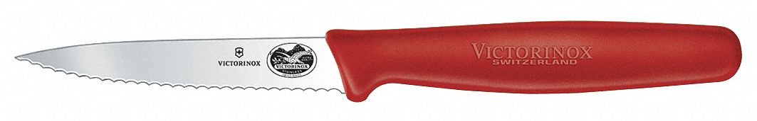 Paring Knife: 3 1/4 in Lg, Wavy Blade, High Carbon Stainless Steel, Red