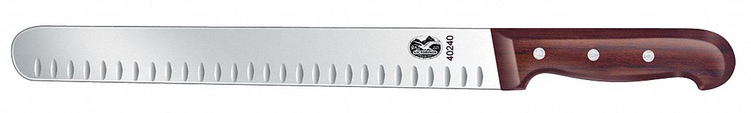 Slicer Knife: Granton Edge, 12 in Overall Lg, Stainless Steel Blade, Wood Handle, Brown
