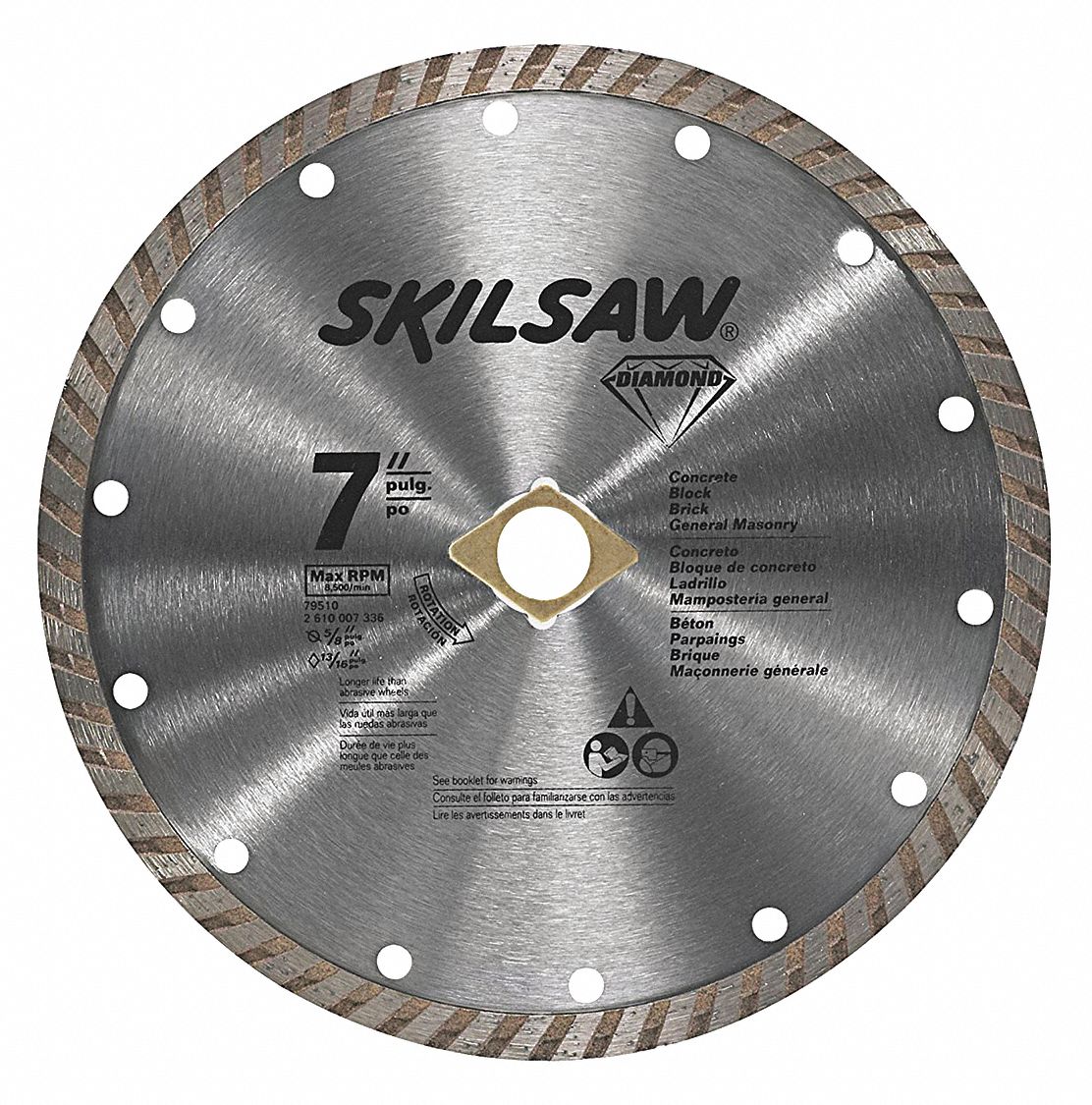 Diamond Saw Blade: 7 in Blade Dia., 7/8 in Arbor Size, Dry, For Angle Grinders, Good, Turbo