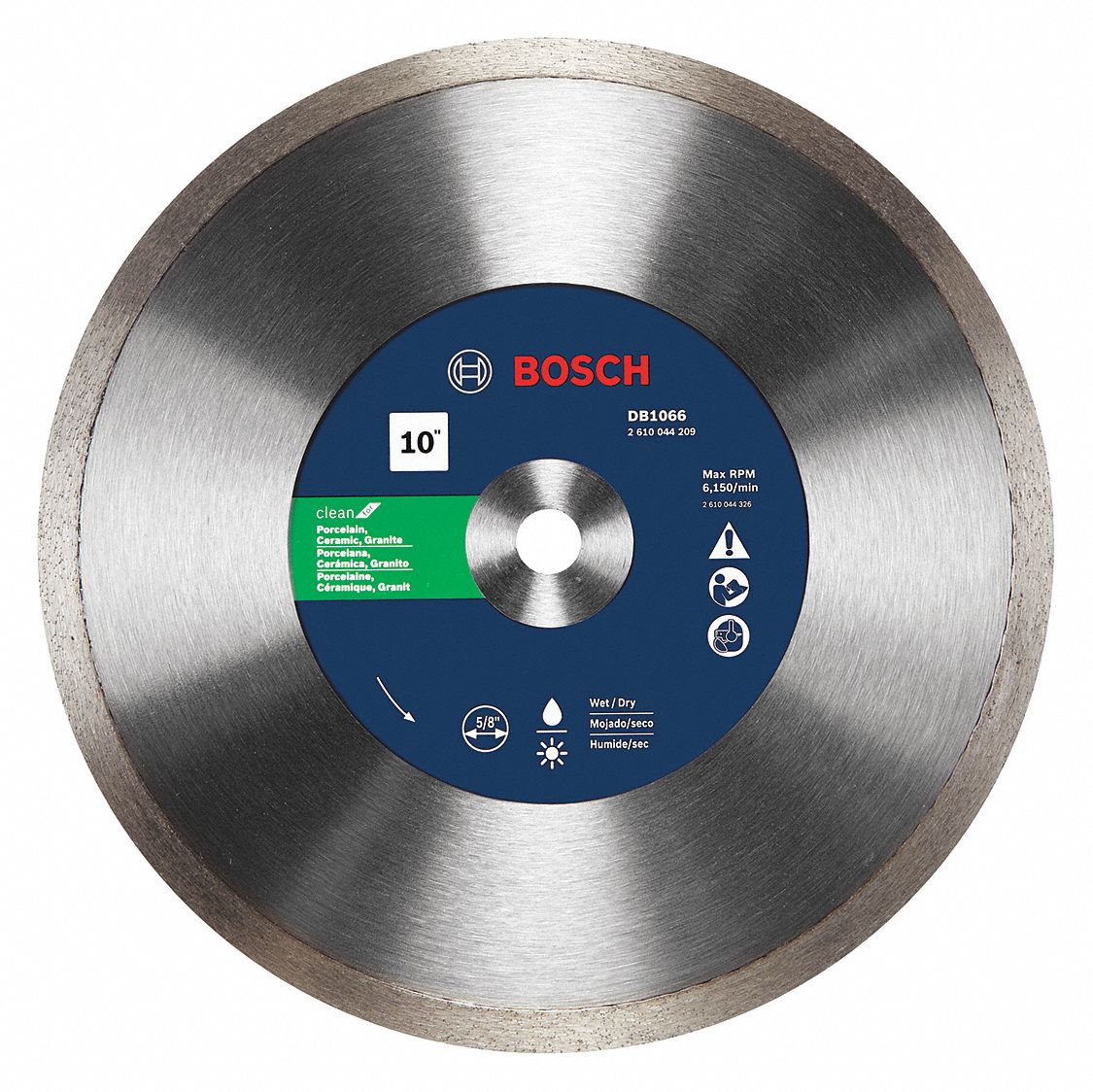 DIAMOND SAW BLADE, CONTINUOUS, 10 IN DIA, ⅝ IN, WET/DRY, 6800 RPM, PORCELAIN/GRANITE