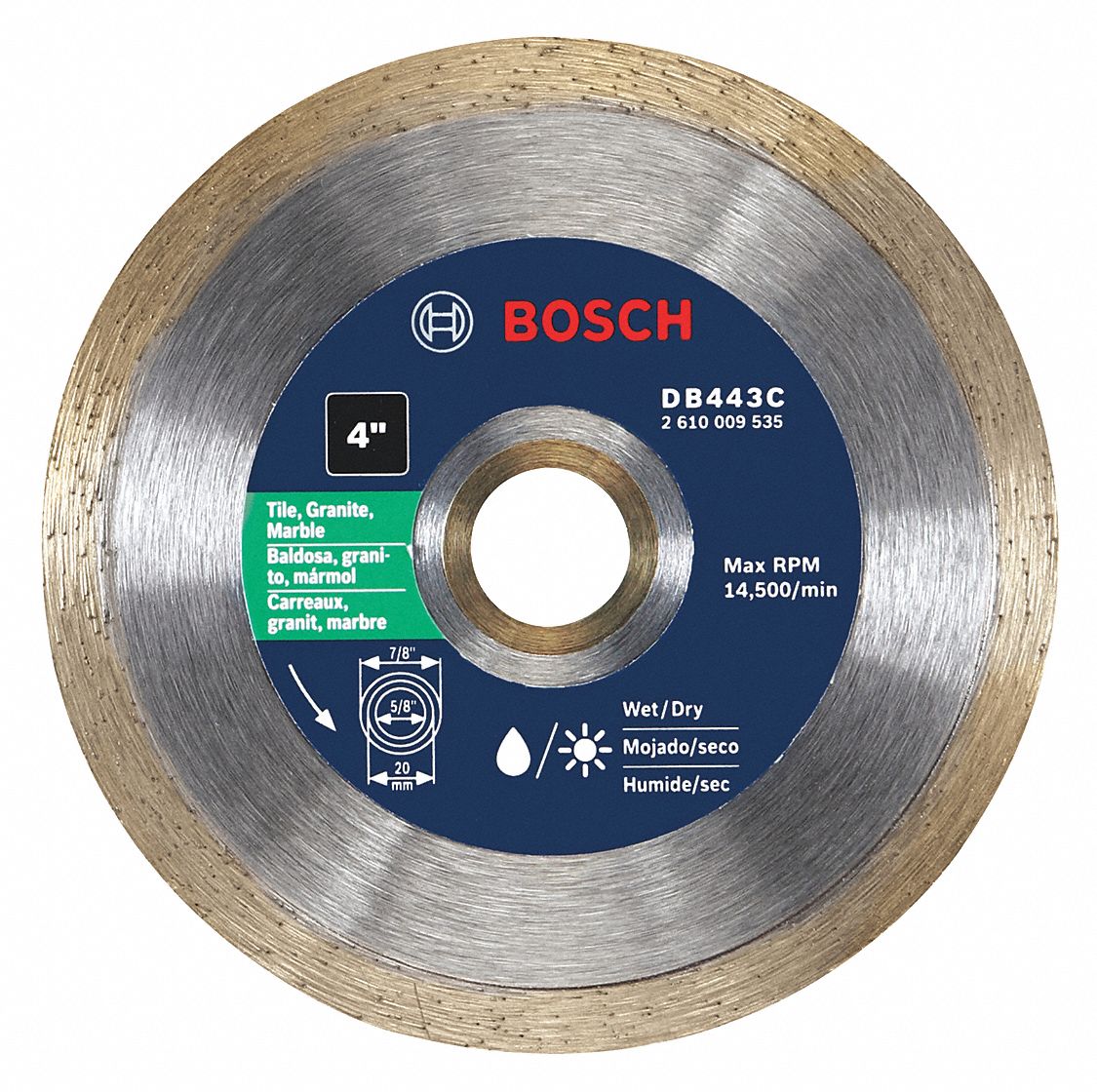 DIAMOND SAW BLADE, CONTINUOUS, 4 IN DIA, ⅝ IN, WET/DRY, 14500 RPM, FOR ANGLE GRINDER