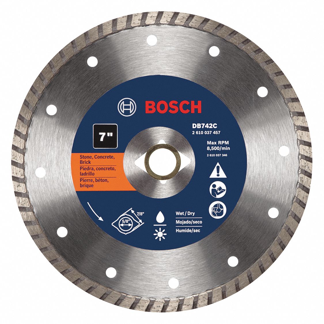 LAME DE SCIE DIAMANTÉE, TURBO, 7 PO DIAM., ⅞ PO, 0,087 PO, SEC/HUMIDE, 8500 TR/MIN, BRIQUE/BÉTON