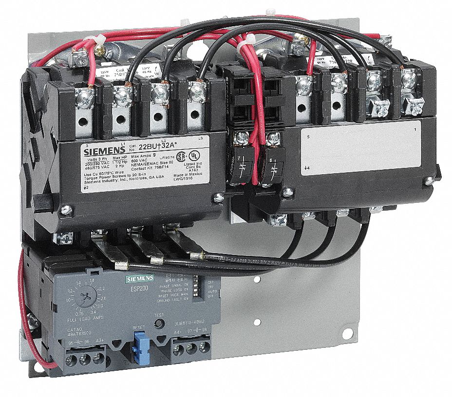 NEMA Magnetic Motor Starter: Reversing, 3 Poles, NEMA Size 00, 9 A, Electronic Protection