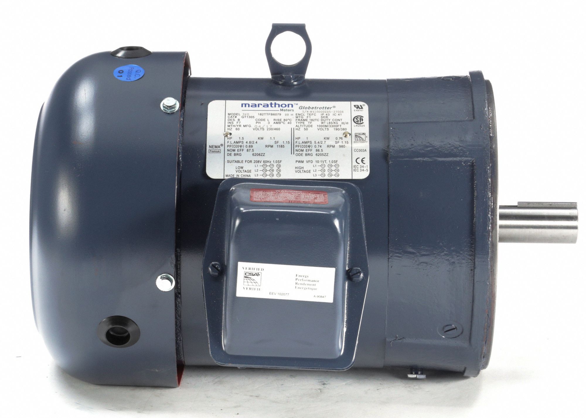 MARATHON MOTORS General Purpose Motor, 1 1/2 HP, 3Phase, Nameplate RPM