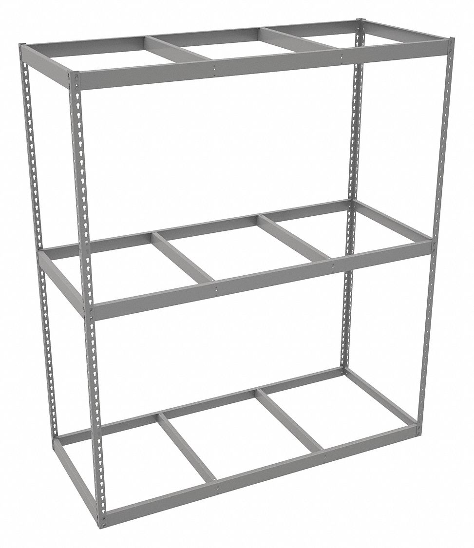 Boltless Shelving: Starter, Heavy-Duty, 72 in x 30 in, 84 in Overall Ht, 3 Shelves, Open