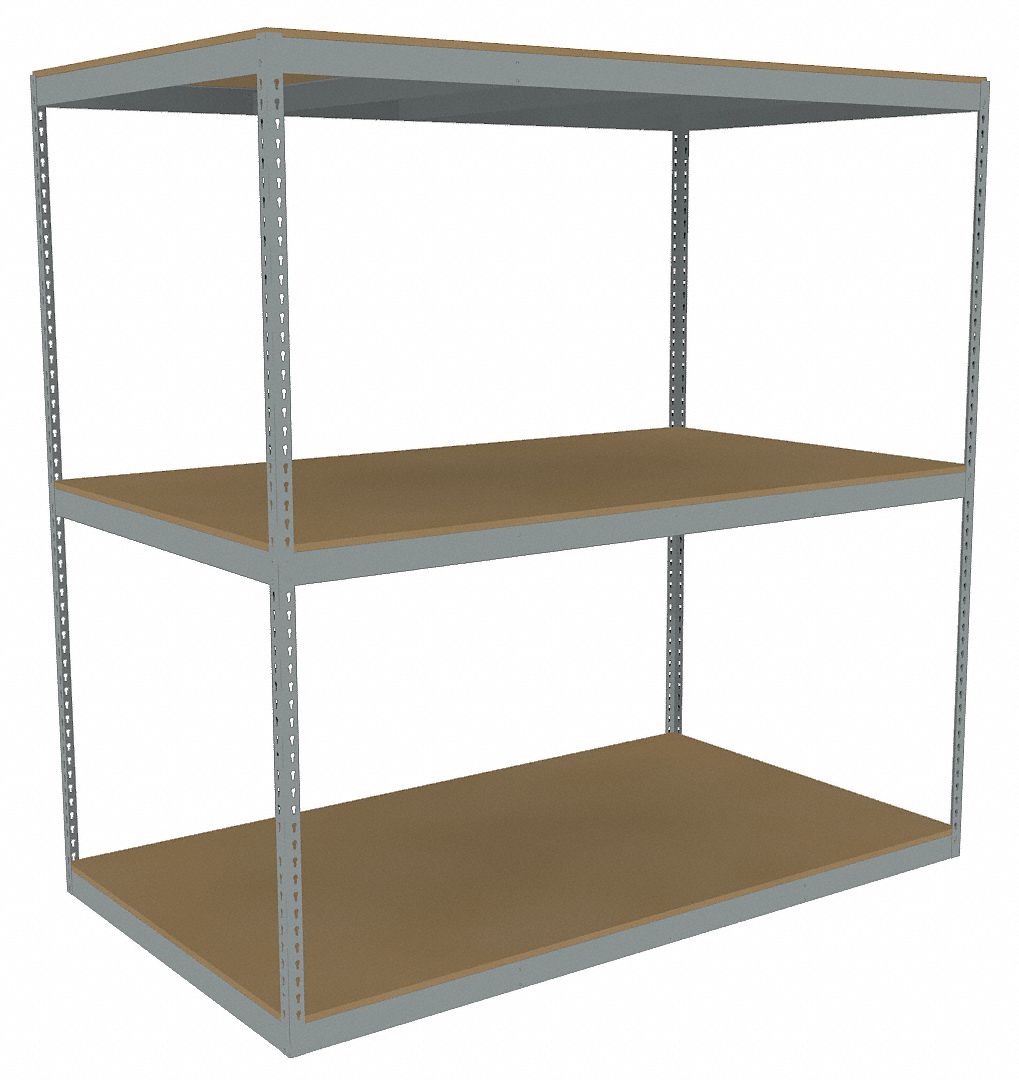 Boltless Shelving: Starter, Heavy-Duty, 96 in x 42 in, 84 in Overall Ht, 3 Shelves, Open