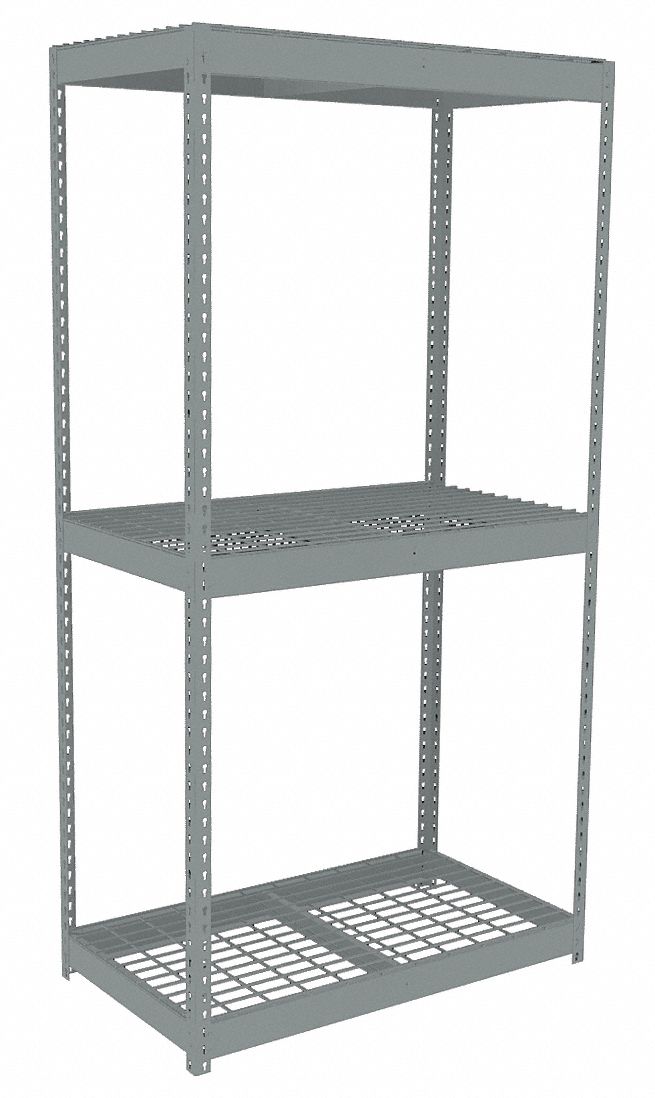 Boltless Shelving: Starter, Heavy-Duty, 48 in x 18 in, 84 in Overall Ht, 3 Shelves, Steel