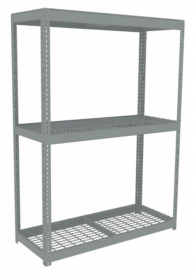 Boltless Shelving: Starter, Heavy-Duty, 60 in x 24 in, 84 in Overall Ht, 3 Shelves, Steel