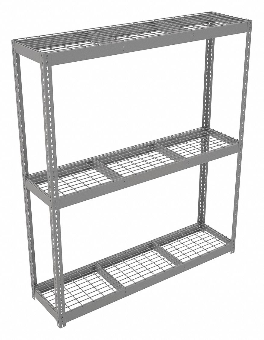 Boltless Shelving: Starter, Heavy-Duty, 72 in x 18 in, 84 in Overall Ht, 3 Shelves, Steel