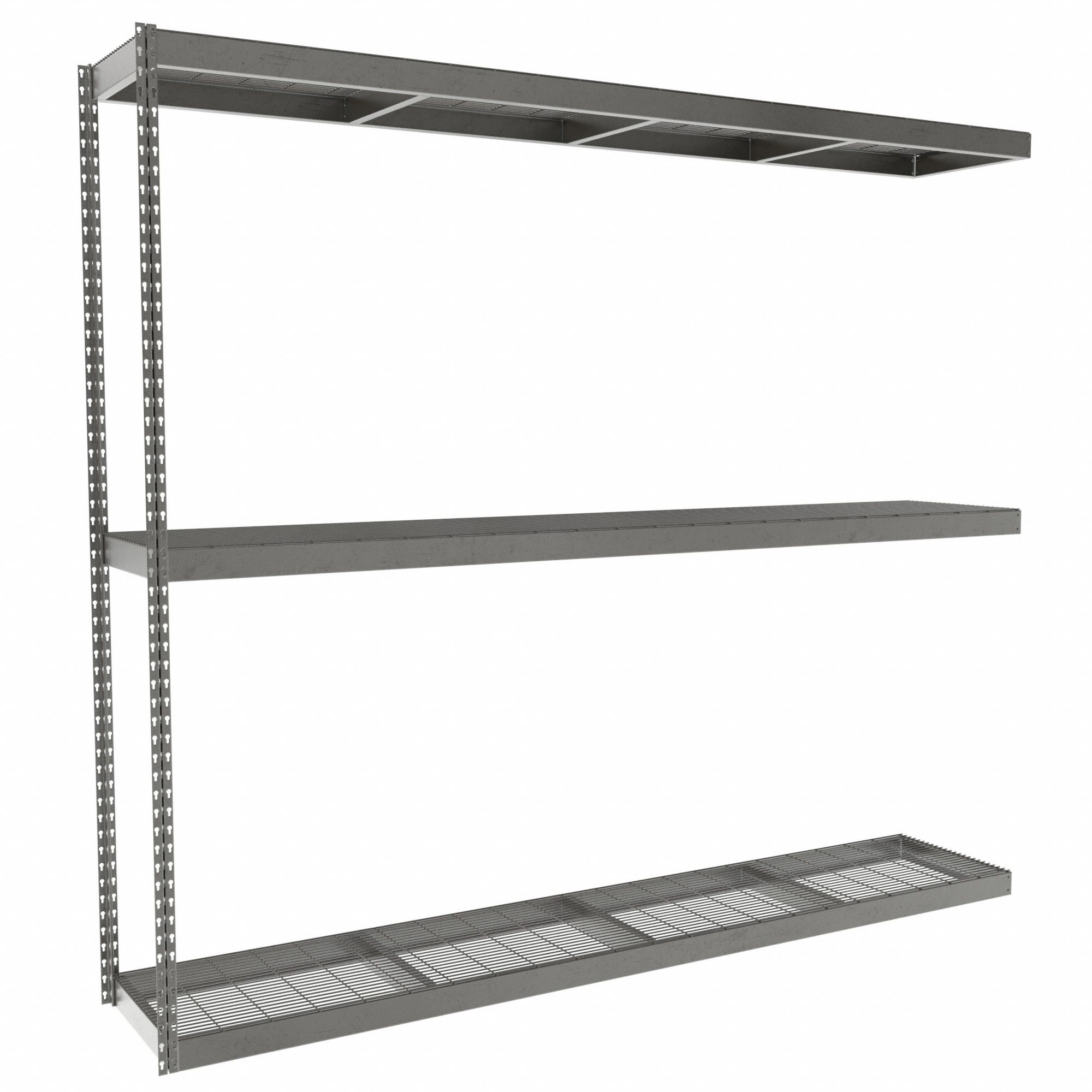 Boltless Shelving: Add-On, Heavy-Duty, 96 in x 18 in, 84 in Overall Ht, 3 Shelves, Steel