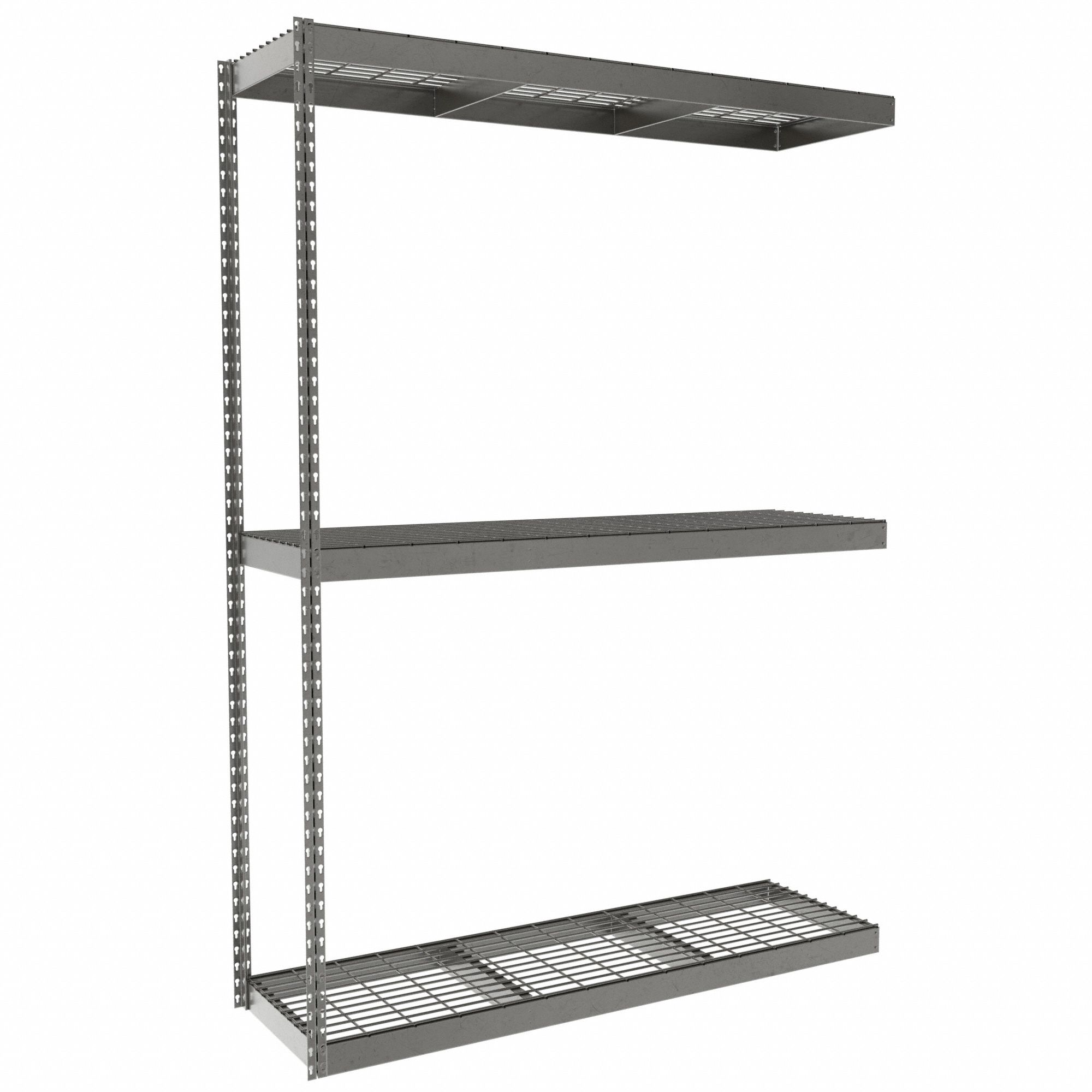 Boltless Shelving: Add-On, Heavy-Duty, 60 in x 18 in, 84 in Overall Ht, 3 Shelves, Steel
