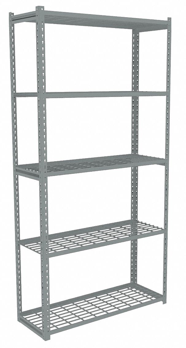 Boltless Shelving: Starter, Medium-Duty, 36 in x 12 in, 84 in Overall Ht, 5 Shelves, Steel