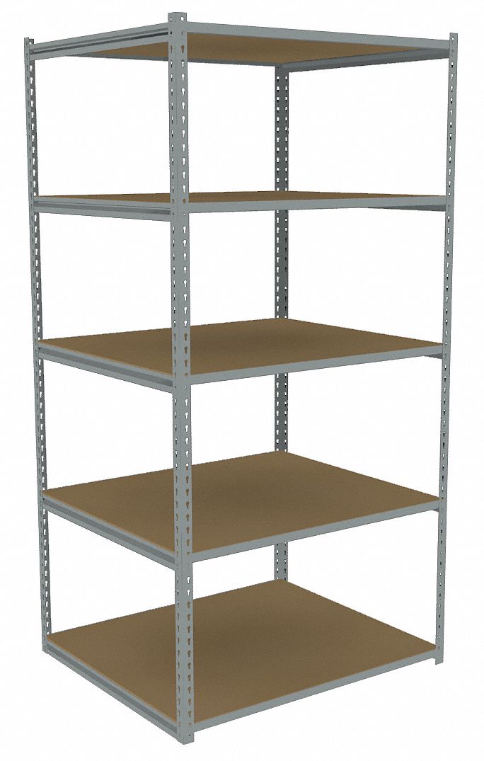 Boltless Shelving: Starter, Light-Duty, 36 in x 36 in, 84 in Overall Ht, 5 Shelves, Open