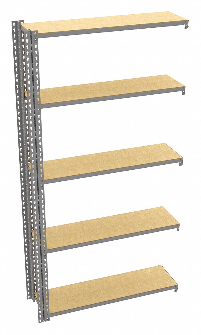 Boltless Shelving: Add-On, Light-Duty, 42 in x 12 in, 84 in Overall Ht, 5 Shelves