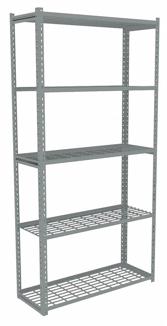 Boltless Shelving: Starter, Light-Duty, 36 in x 18 in, 84 in Overall Ht, 5 Shelves, Steel