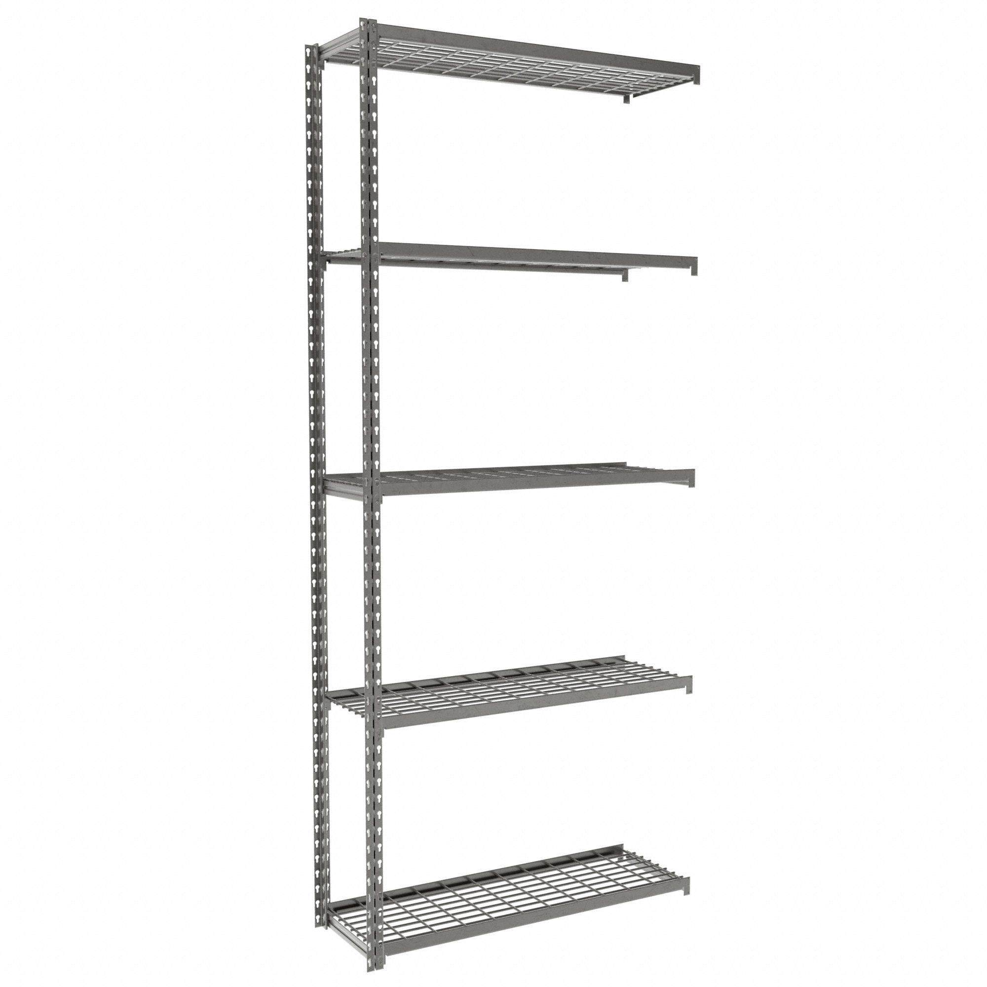 Boltless Shelving: Add-On, Light-Duty, 36 in x 12 in, 84 in Overall Ht, 5 Shelves, Steel
