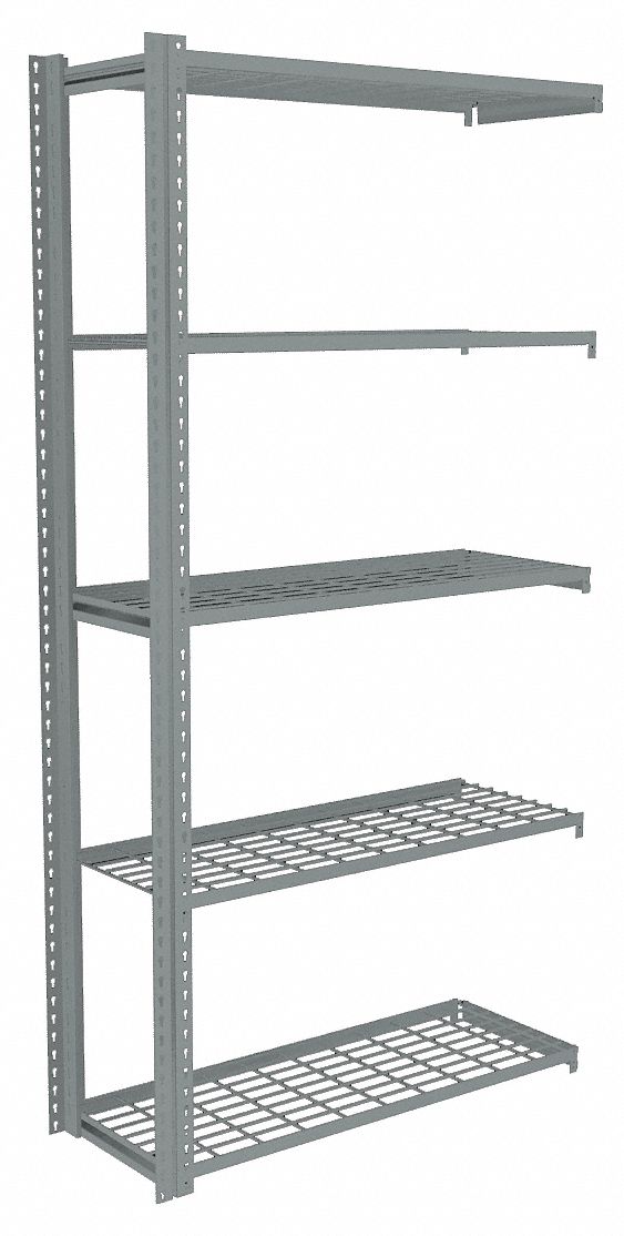 Boltless Shelving: Add-On, Light-Duty, 48 in x 15 in, 84 in Overall Ht, 5 Shelves, Steel