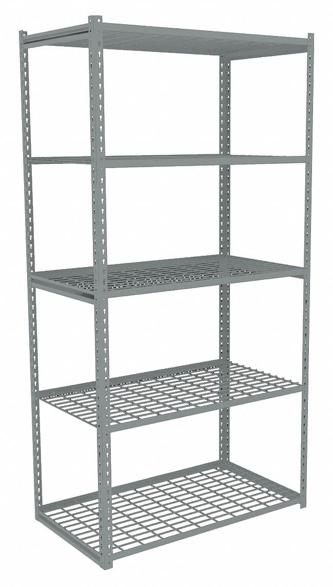 Boltless Shelving: Starter, Light-Duty, 36 in x 24 in, 84 in Overall Ht, 5 Shelves, Steel