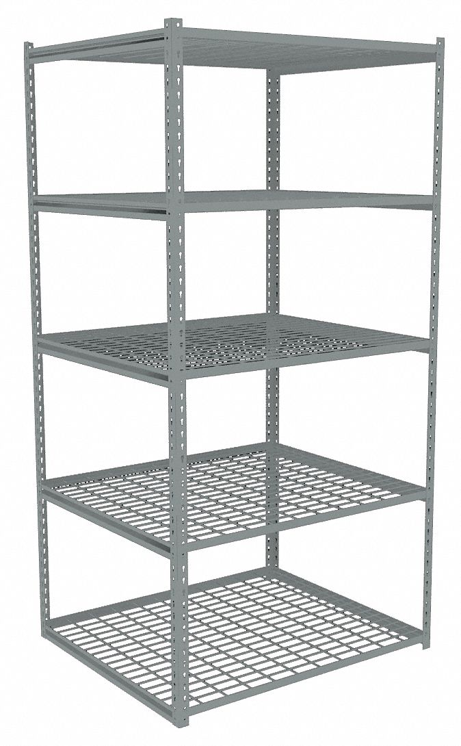 Boltless Shelving: Starter, Light-Duty, 36 in x 36 in, 84 in Overall Ht, 5 Shelves, Steel