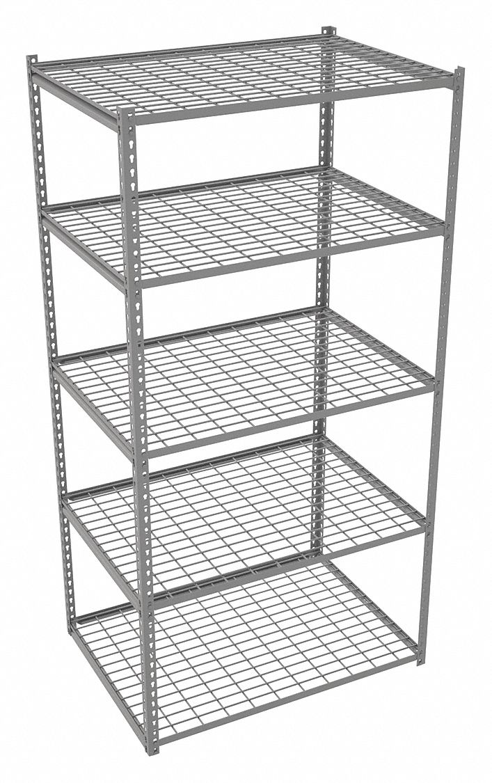 Boltless Shelving: Starter, Light-Duty, 42 in x 30 in, 84 in Overall Ht, 5 Shelves, Steel