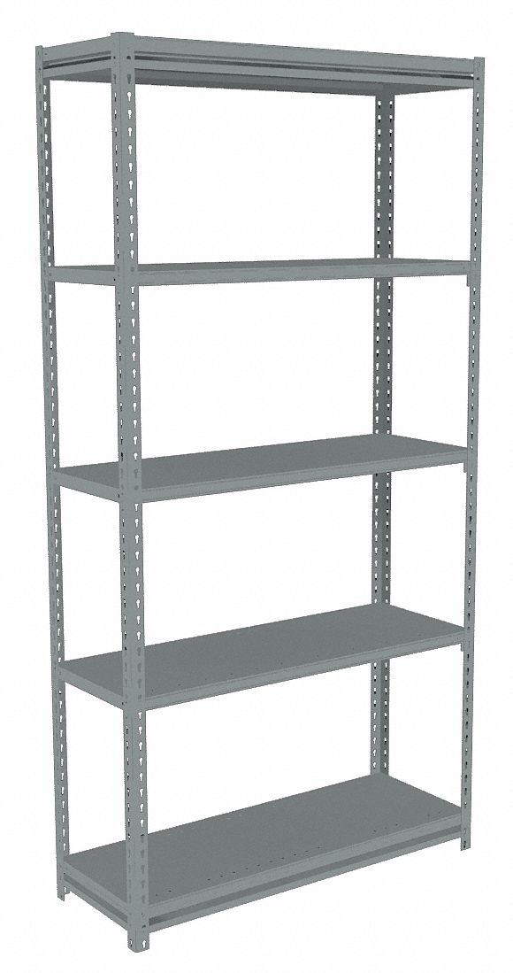 Boltless Shelving: Starter, Light-Duty, 36 in x 18 in, 84 in Overall Ht, 5 Shelves, Steel