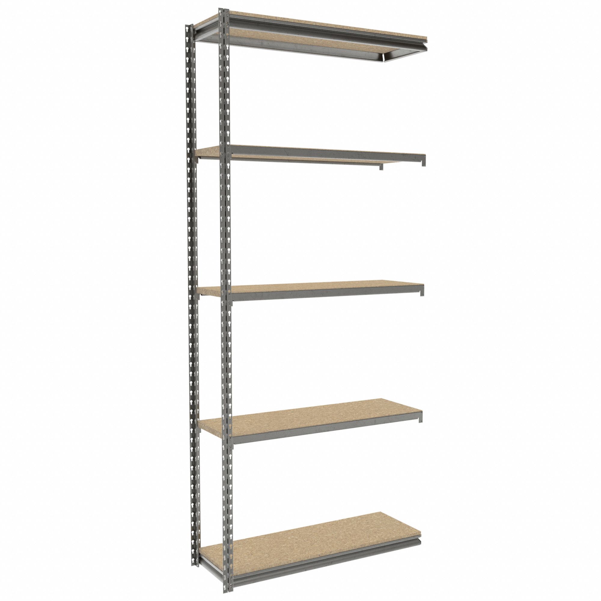 Boltless Shelving: Add-On, Light-Duty, 36 in x 12 in, 84 in Overall Ht, 5 Shelves, Steel