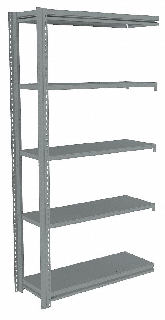Boltless Shelving: Add-On, Light-Duty, 36 in x 15 in, 84 in Overall Ht, 5 Shelves, Steel