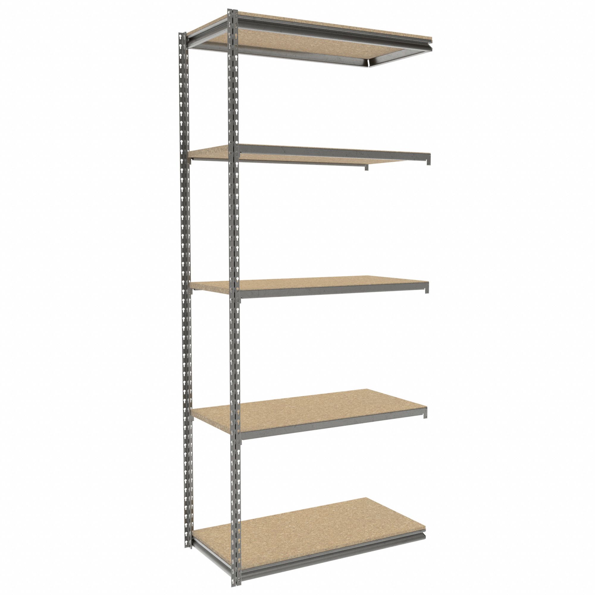 Boltless Shelving: Add-On, Light-Duty, 36 in x 18 in, 84 in Overall Ht, 5 Shelves, Steel