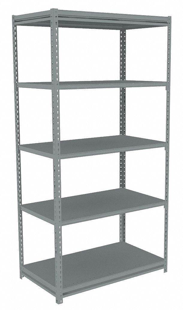 Boltless Shelving: Starter, Light-Duty, 36 in x 24 in, 84 in Overall Ht, 5 Shelves, Steel