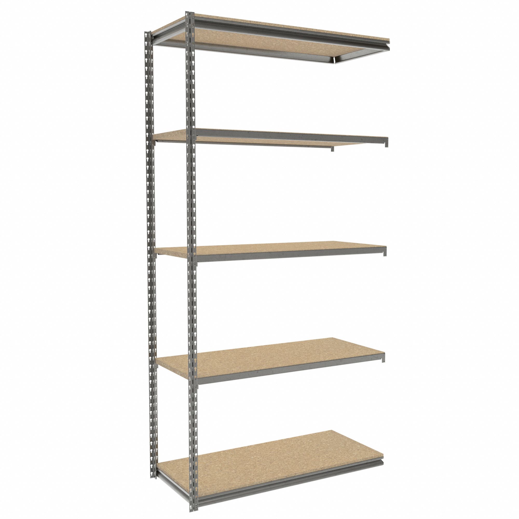 Boltless Shelving: Add-On, Light-Duty, 42 in x 18 in, 84 in Overall Ht, 5 Shelves, Steel