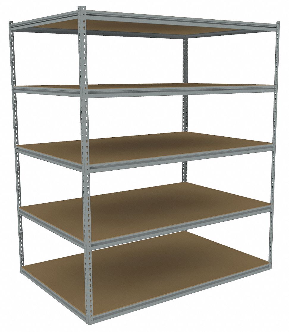 Boltless Shelving: Starter, Medium-Duty, 60 in x 48 in, 84 in Overall Ht, 5 Shelves, Open