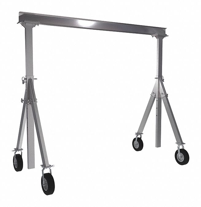 ADJUSTABLE HEIGHT ALUMINUM GANTRY CRANE, SILVER, 1 YEAR WARRANTY, PNEUMATIC, 15FT L, 10FT H