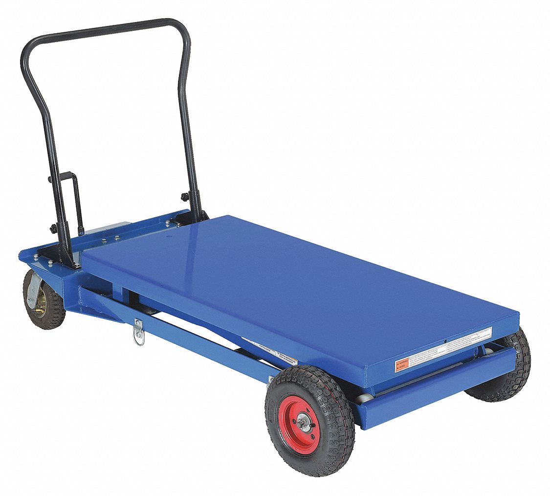 PNEUMATIC TIRE ELEVATING CART, 31 1/2 IN W X 38 3/8 IN H, FRONT: 13 IN, REAR: 9 7/8 IN CASTER WHEEL DIAMETER