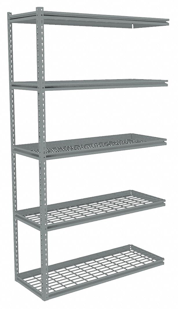 Boltless Shelving: Add-On, Medium-Duty, 36 in x 12 in, 84 in Overall Ht, 5 Shelves, Steel