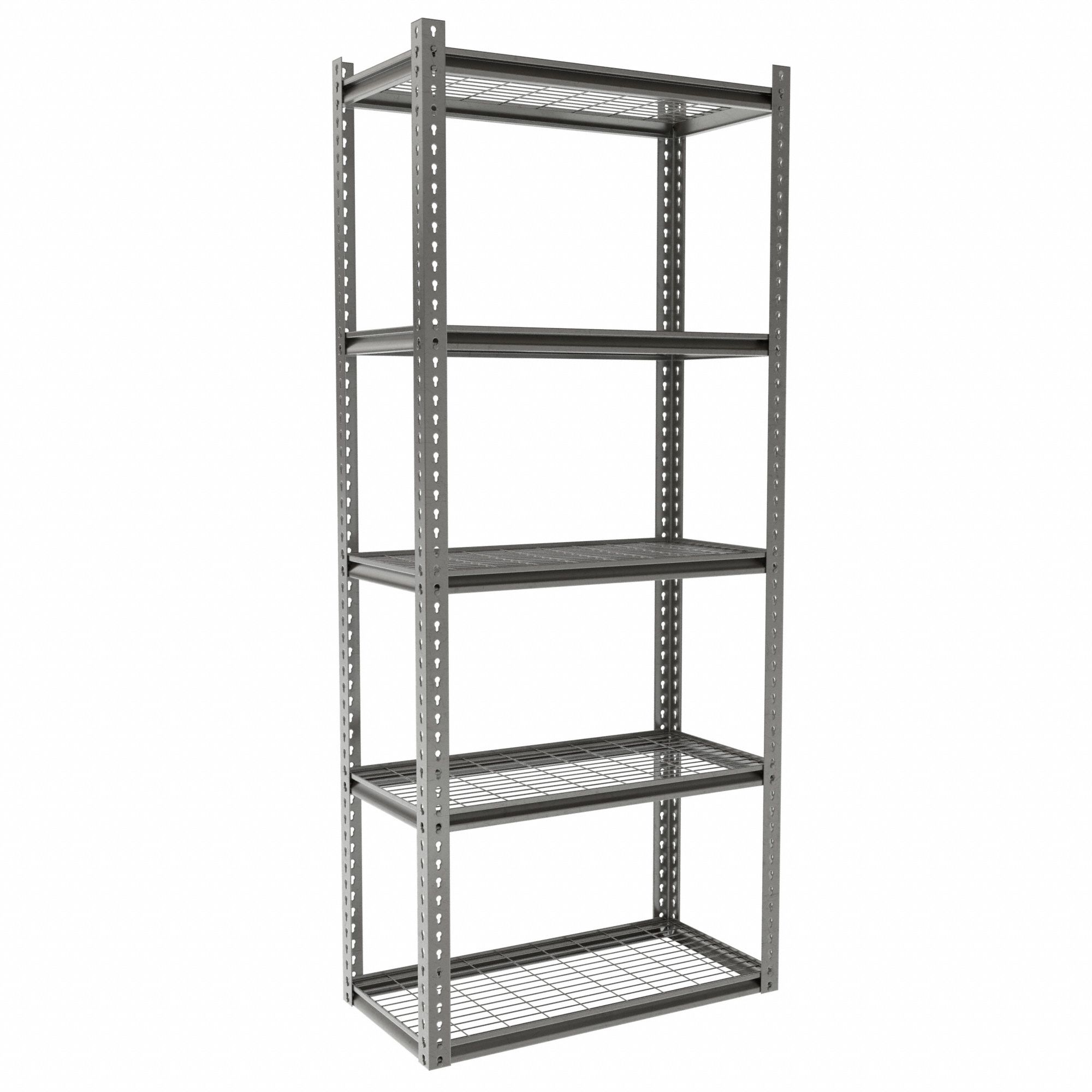 Boltless Shelving: Starter, Medium-Duty, 36 in x 18 in, 84 in Overall Ht, 5 Shelves, Steel