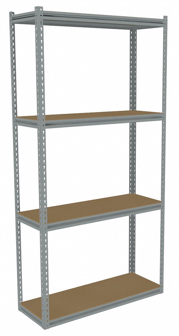 Boltless Shelving: Starter, 42 in x 15 in, 84 in Overall Ht, 4 Shelves, Adj, Powder Coated