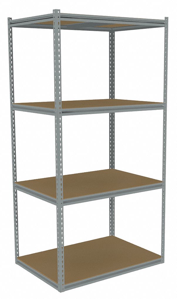 Boltless Shelving: Starter, 42 in x 30 in, 84 in Overall Ht, 4 Shelves, Adj, Powder Coated