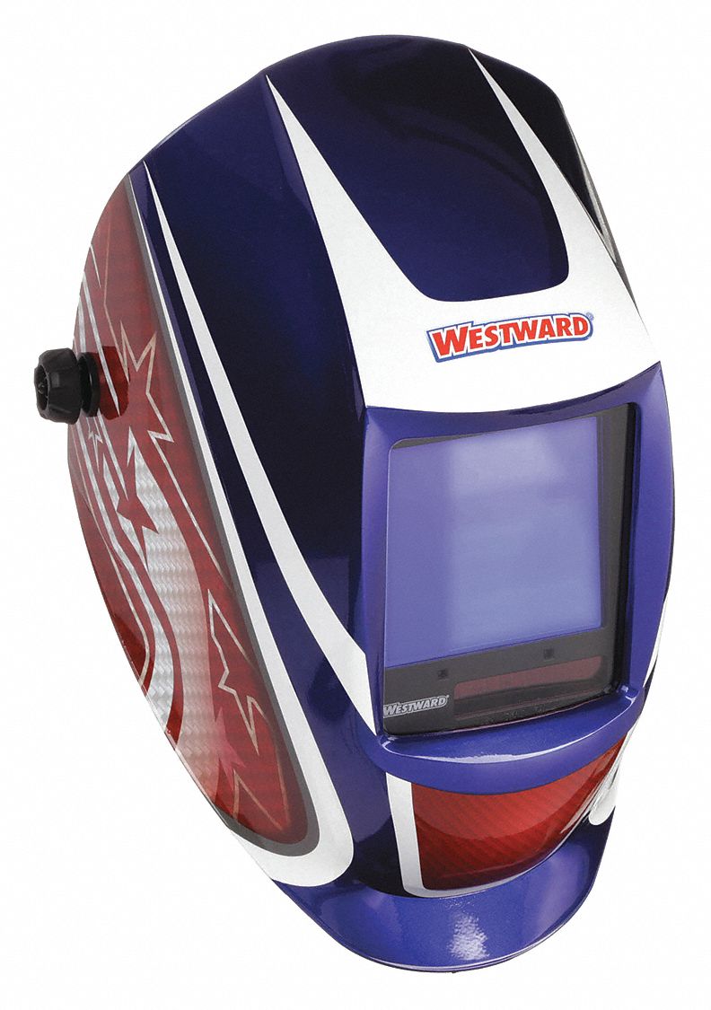 AUTO-DARKENING WELDING HELMET, 4 ARC SENSORS, GRAPHICS, BL/RED/WHITE, W5-13, ANALOG