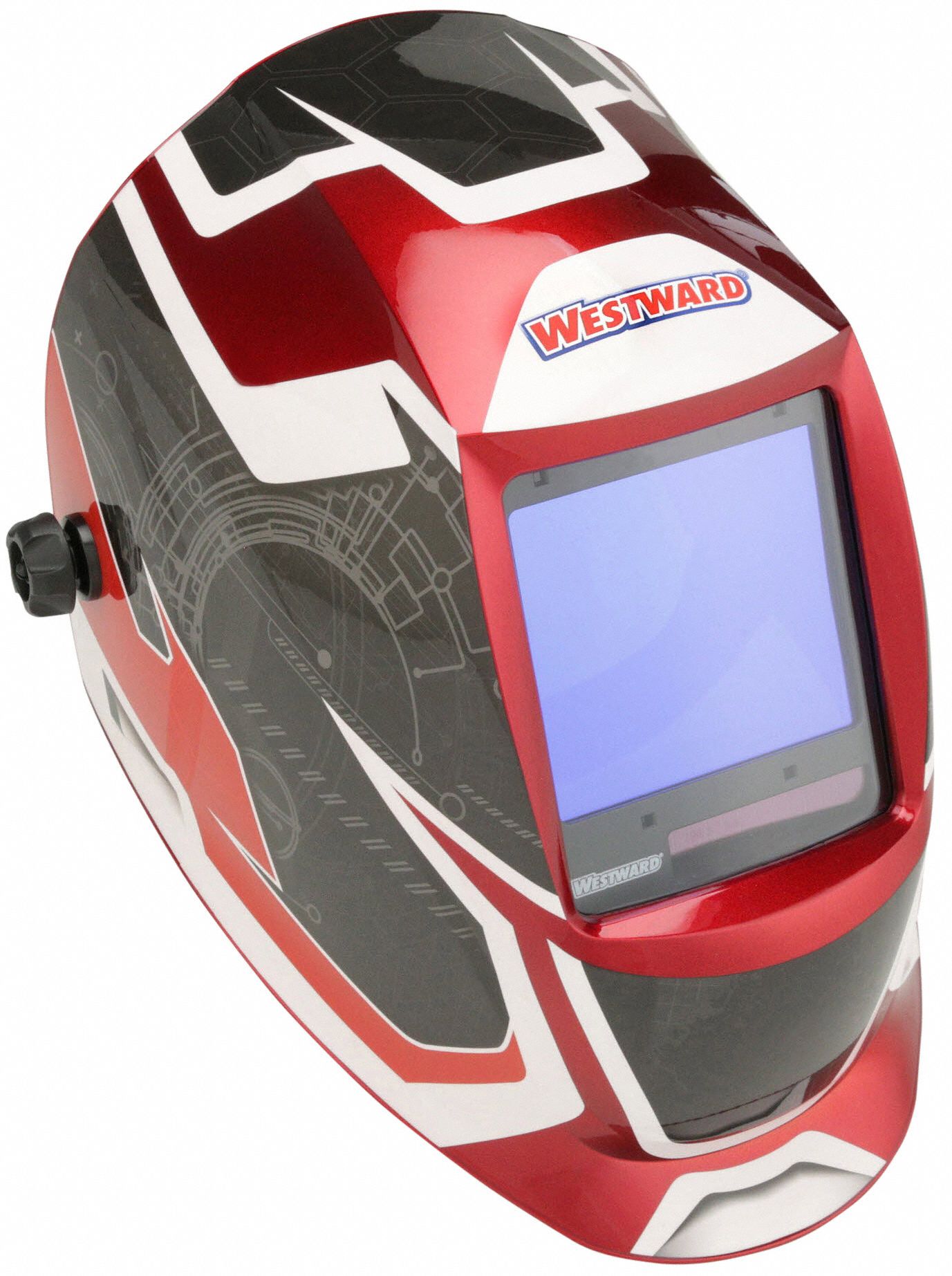 AUTO-DARKENING WELDING HELMET, 4 ARC SENSORS, GRAPHICS, BLK/RED/WHITE, W5-13, ANALOG