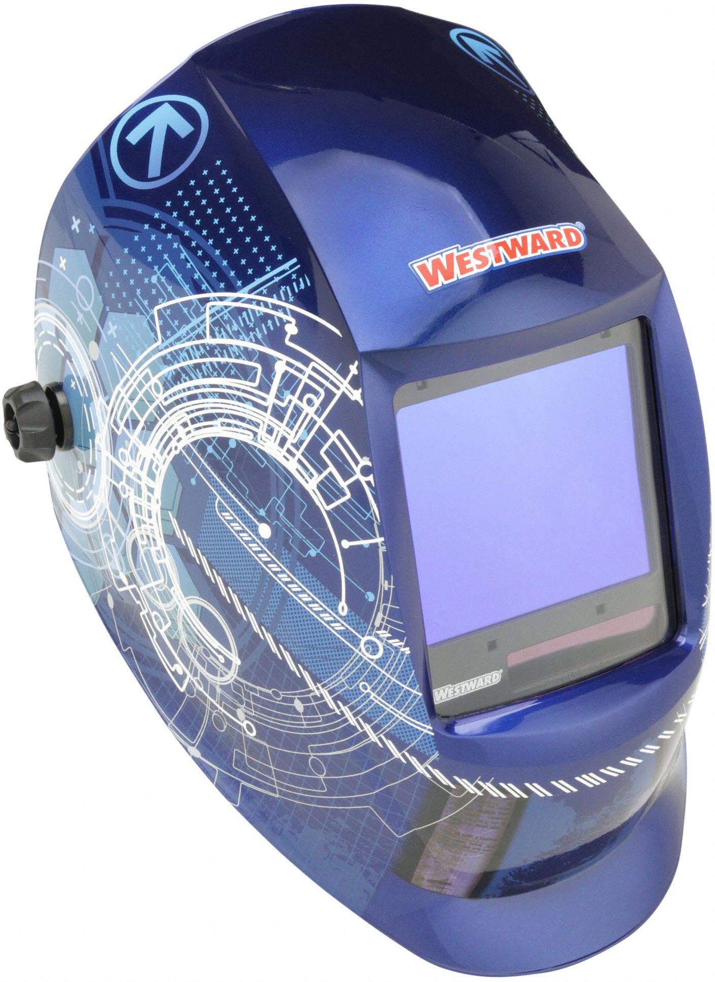 AUTO-DARKENING WELDING HELMET, 4 ARC SENSORS, GRAPHICS, BL/WHT, W5-13, ANALOG, RATCHET