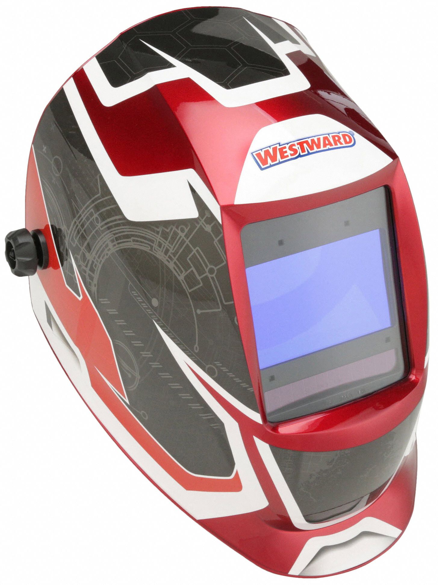 AUTO-DARKENING WELDING HELMET, 4 ARC SENSORS, GRAPHICS, BLK/RED/WHITE, W5-13, DIGITAL