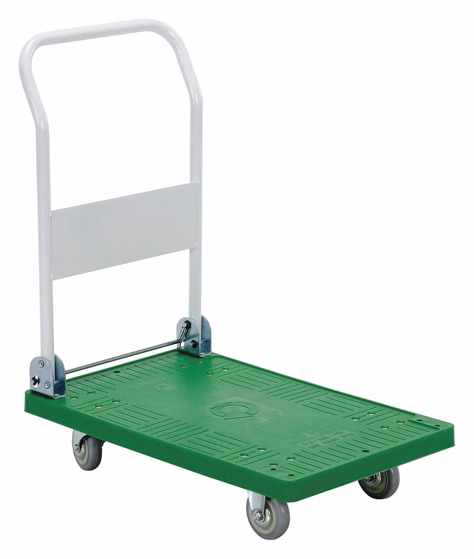 PLATFORM TRUCK, GREEN, 18X34X29¼ IN, PLASTIC, STEEL, 250 LB CAPACITY, 4 IN WHEEL, 250 LB CAPACITY, FOLDING HANDLE