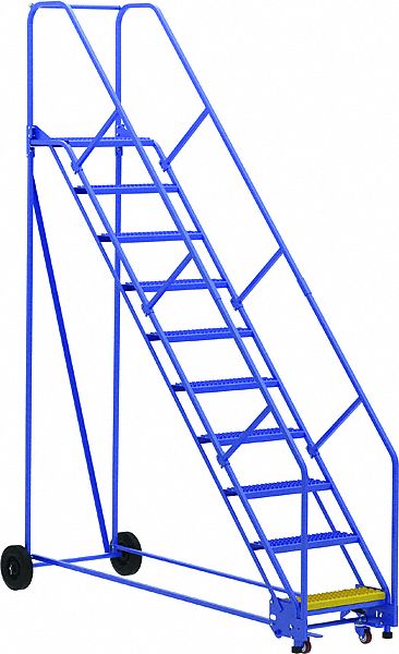 LADDER, 10-STEP/RAIL/OPEN GRIP/50 ° /ANSI A14.7/OSHA 1910.29, 34 1/4X130X97 11/16 IN, BLUE, STEEL